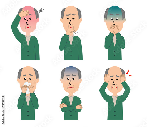 A set of six pose variations of sick elderly man