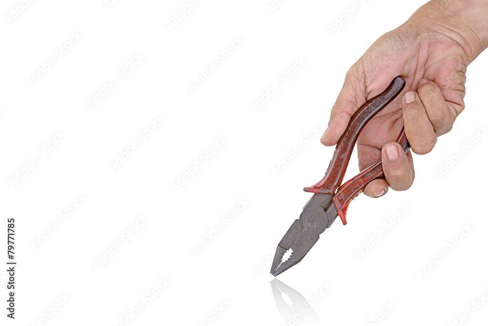 Obraz premium Working tools Old locking plier in hand male isolated on a white
