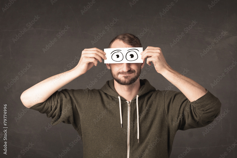 Funny man looking with hand drawn paper eyes Funny man looking with hand drawn paper eyes