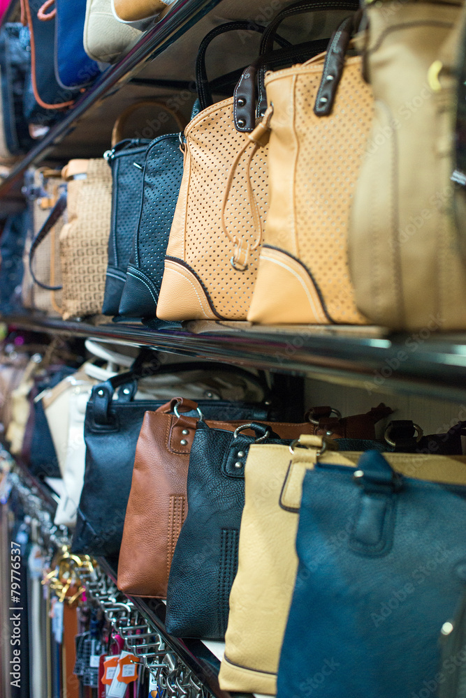 Leather handbags collection in the store. Leather handbags collection in the store.