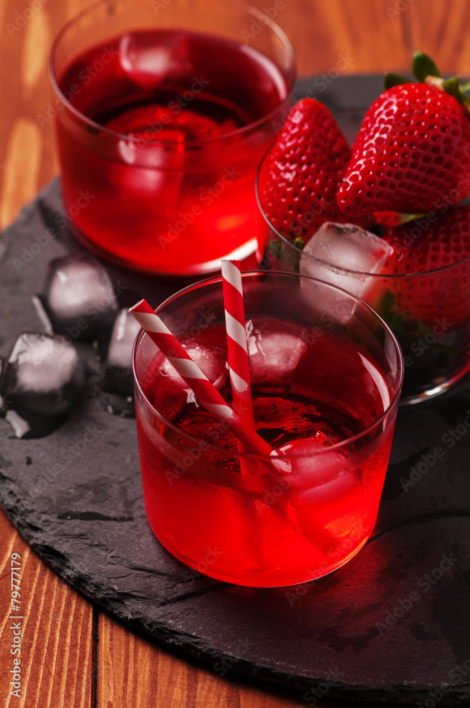 Fresh strawberry cocktail on the wooden table Fresh strawberry cocktail on the wooden table