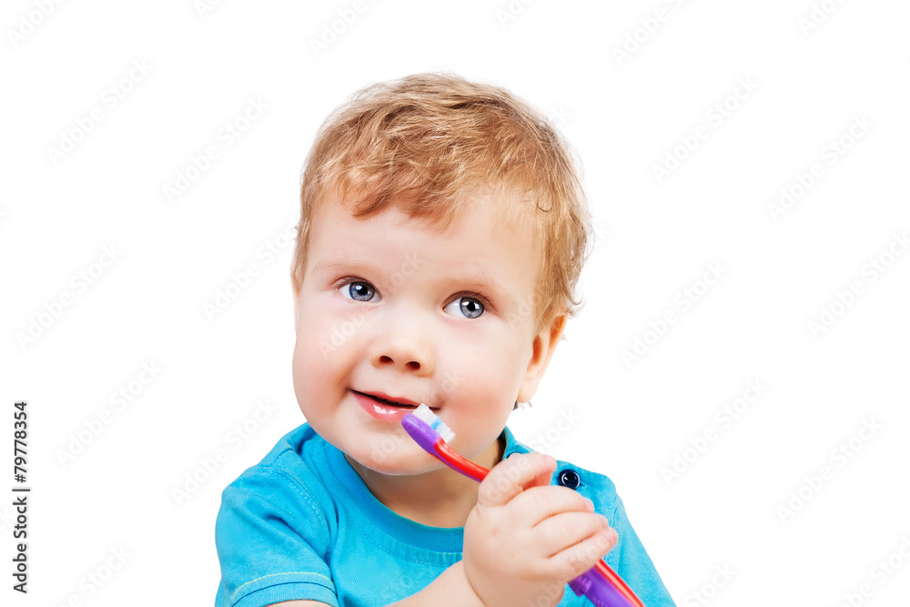 Cute kid brushing teeth isolated on white Cute kid brushing teeth isolated on white