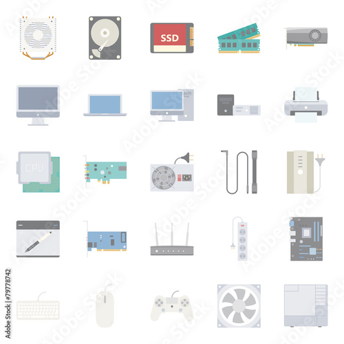 Computer components and peripherals flat icons set