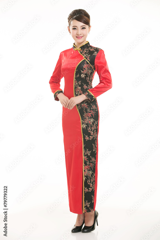 Wearing Chinese clothing waiter in front of a white background Wearing Chinese clothing waiter in front of a white background