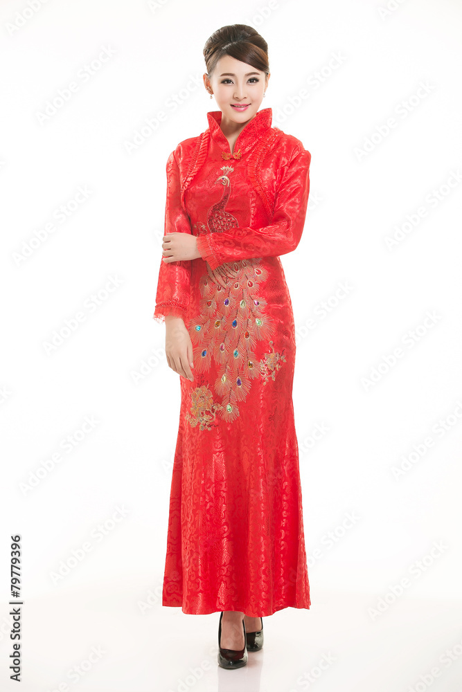 Wearing Chinese clothing waiter in front of a white background Wearing Chinese clothing waiter in front of a white background