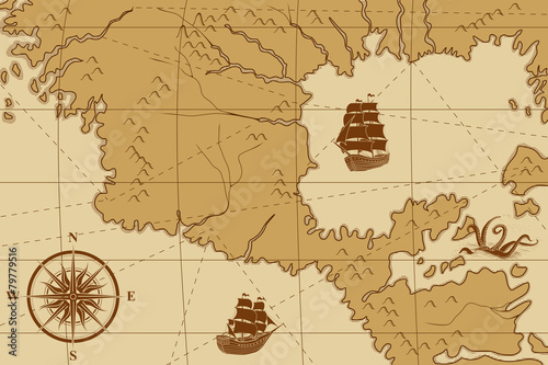 old map with a compass and ships