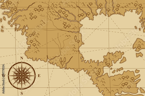 old map with a compass and trees
