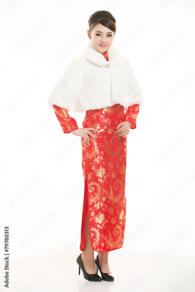 Wearing Chinese clothing waiter in front of a white background Wearing Chinese clothing waiter in front of a white background