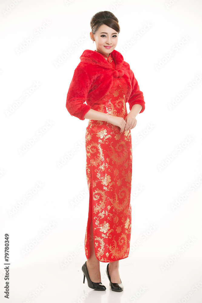 Wearing Chinese clothing waiter in front of a white background Wearing Chinese clothing waiter in front of a white background