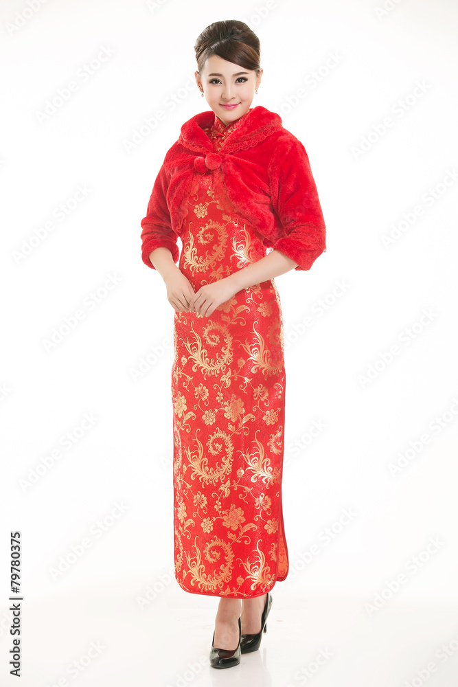 Wearing Chinese clothing waiter in front of a white background Wearing Chinese clothing waiter in front of a white background