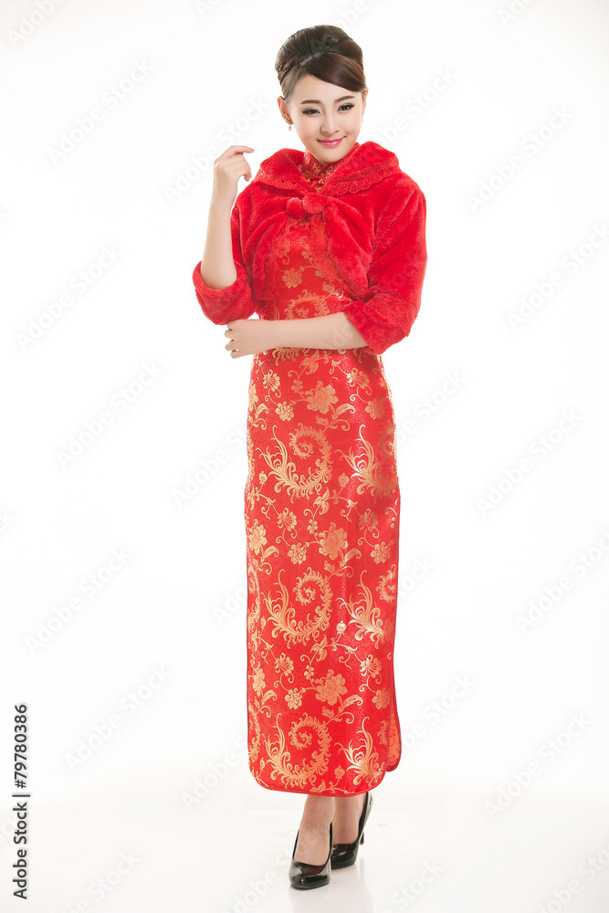 Wearing Chinese clothing waiter in front of a white background Wearing Chinese clothing waiter in front of a white background
