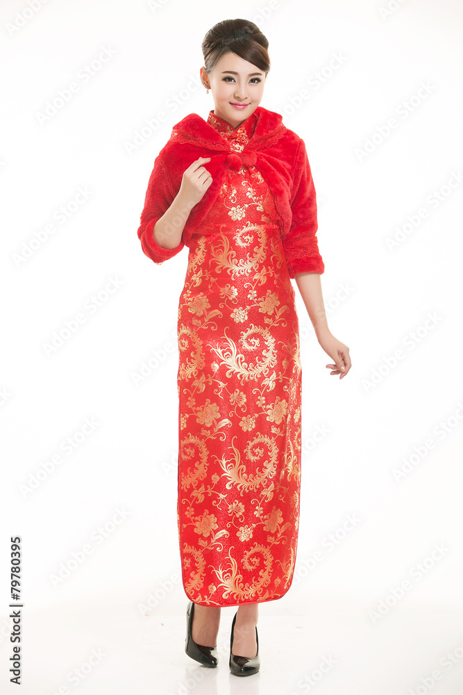 Wearing Chinese clothing waiter in front of a white background Wearing Chinese clothing waiter in front of a white background