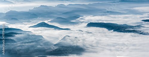 Misty mountains landscape in La Garrotxa, Catalonia