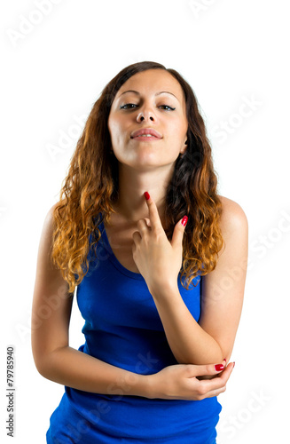 Woman touching fingers her healthy neck skin on white background