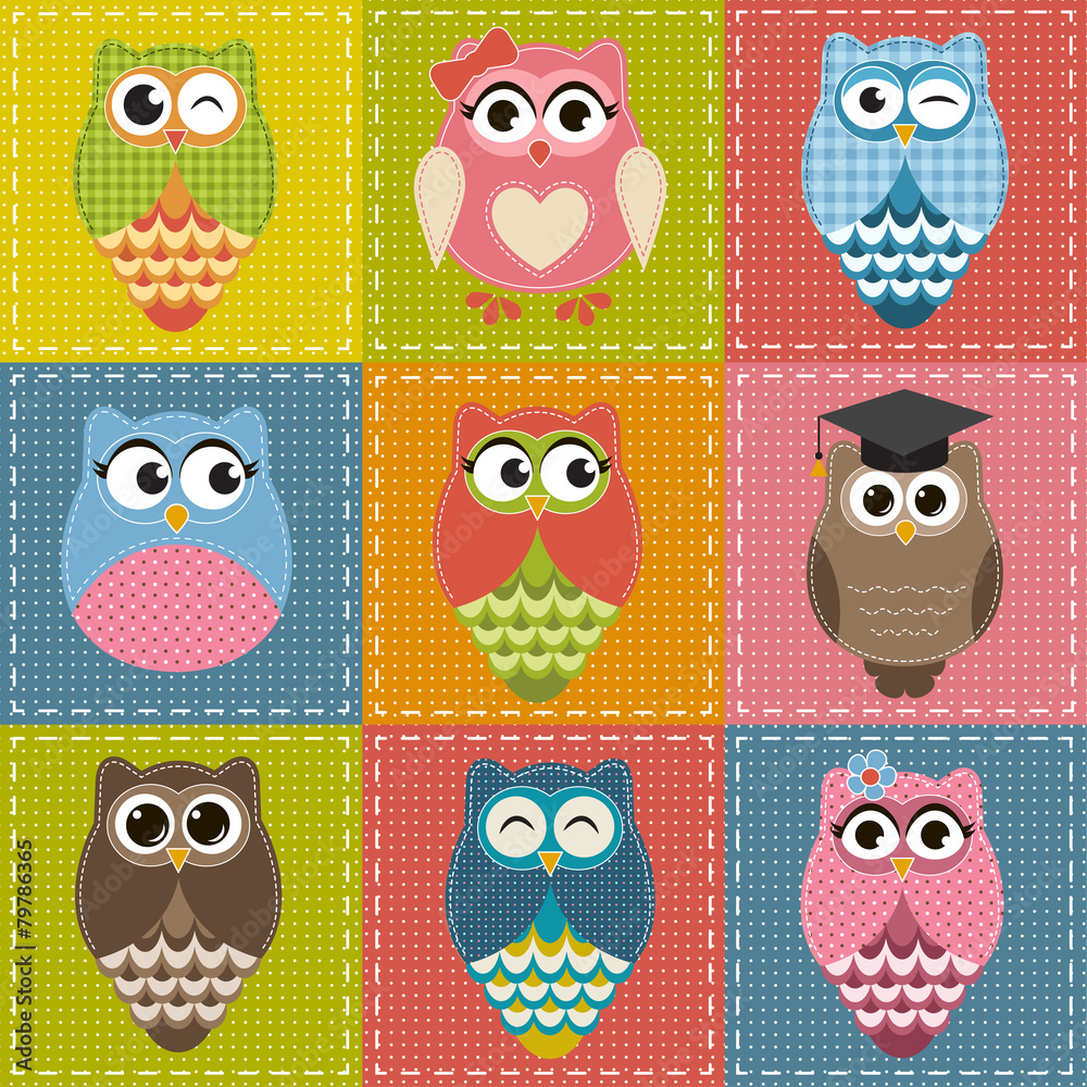 Patchwork background with owls