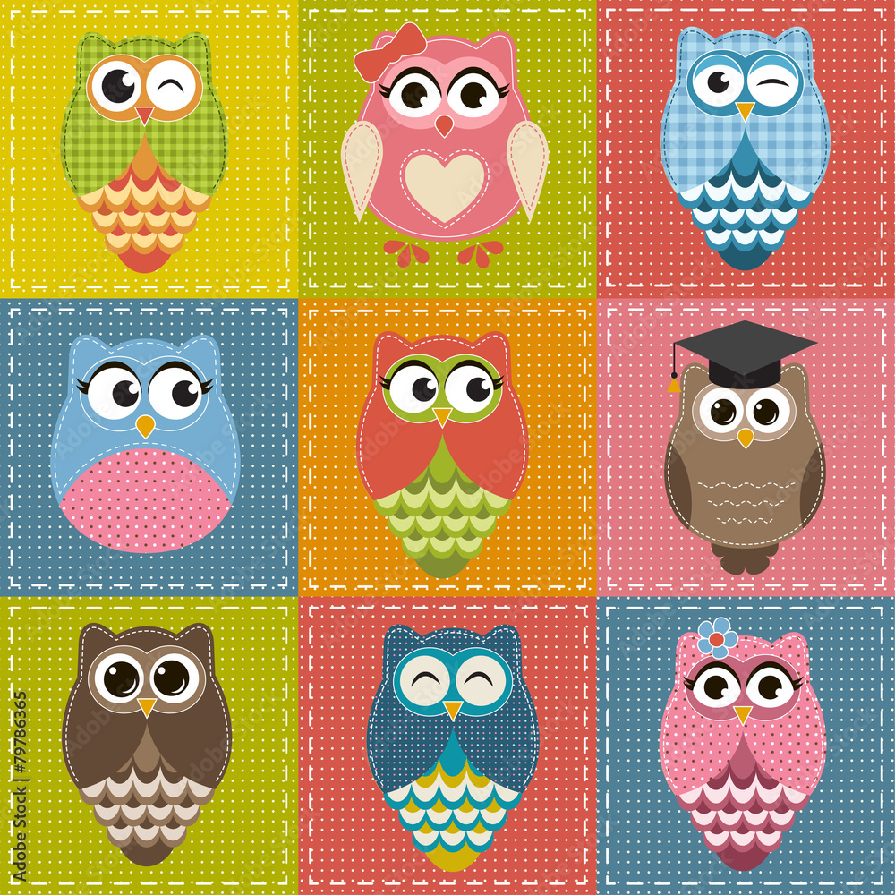 Fototapeta premium Patchwork background with owls