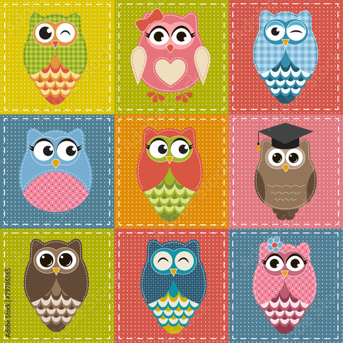 Patchwork background with owls