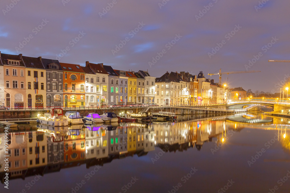 Gent. River Leie at night.