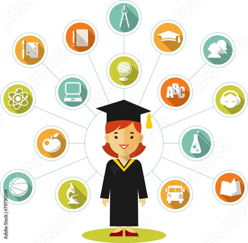 Graduates concept with young woman and education icons