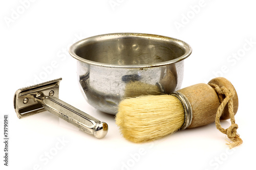 vintage barber shaving brush with metal shaving bowl and razo photo