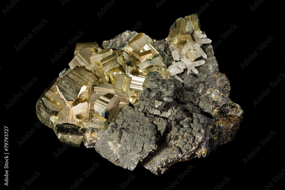 Cluster of golden pyrite crystals Cluster of golden pyrite crystals
