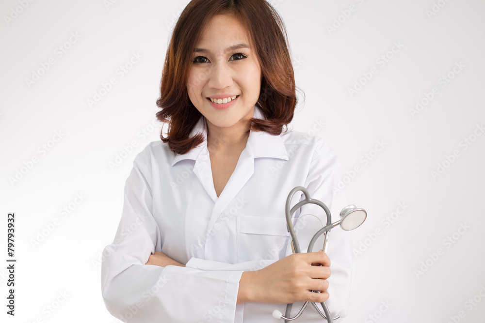 Asian medicine doctor woman, closeup portrait on white backgroun Asian medicine doctor woman, closeup portrait on white backgroun