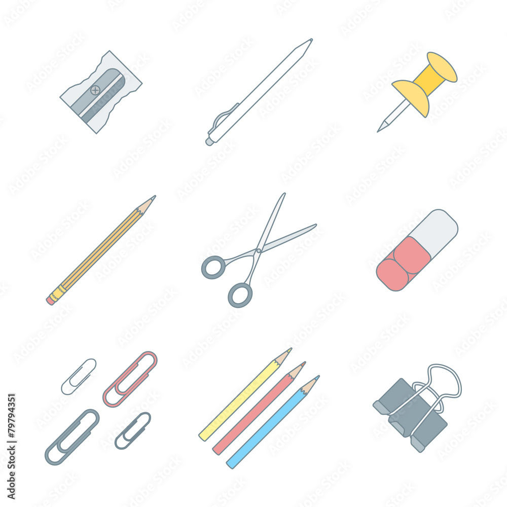 colored outline various stationery icons set colored outline various stationery icons set