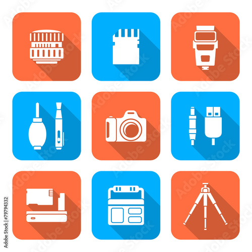 white color flat style square digital photography tools icons