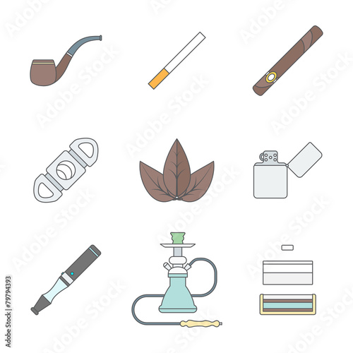 colored outline various tobacco goods tools icons set