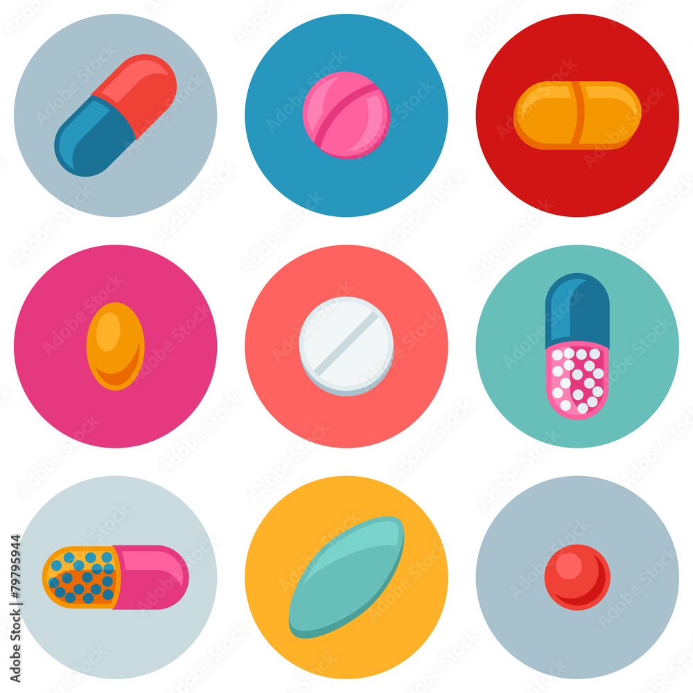 Set of various pills and capsules icons