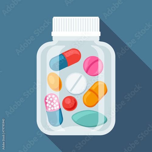 Medical background with pills and capsules in bottle