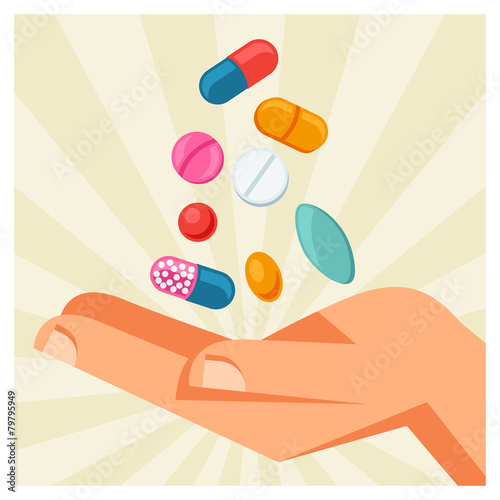 Illustration of hand holding various pills and capsules