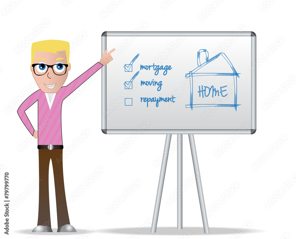Blond young man pointing on white table Blond young man pointing on white table