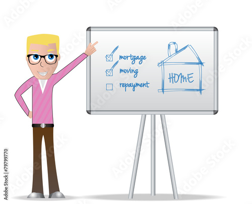 Blond young man pointing on white table