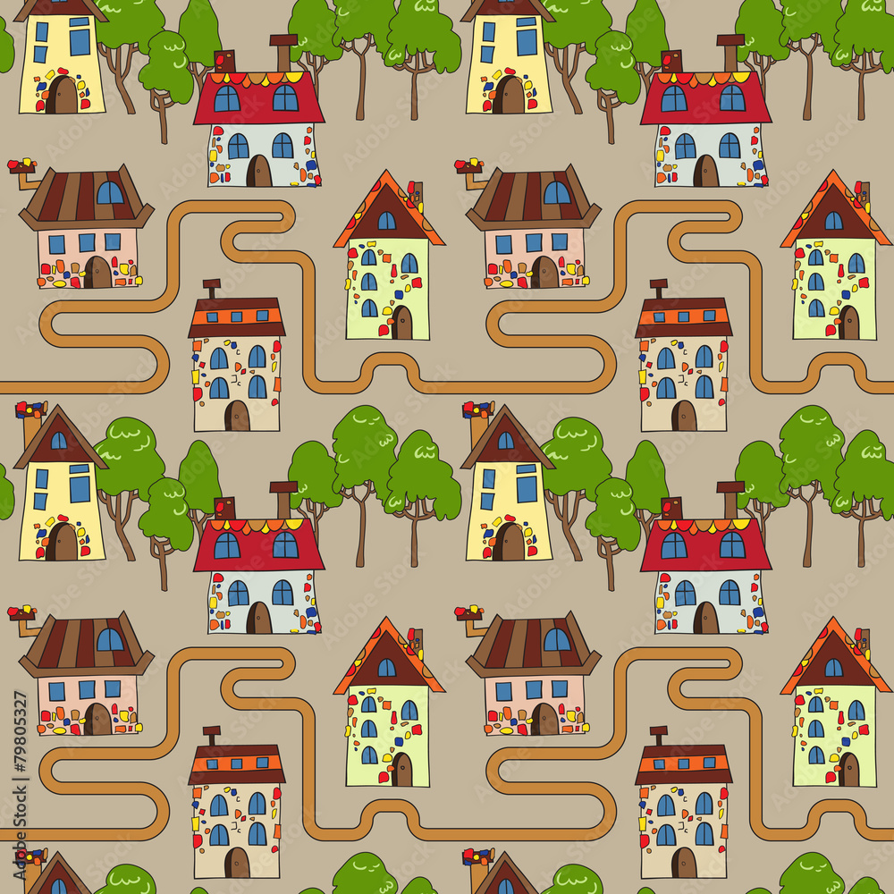 Seamless pattern with fairy houses and trees