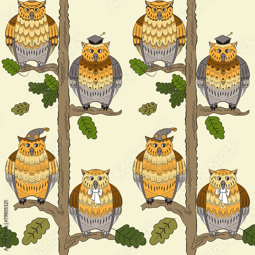 Seamless pattern with owls, oak-trees, leafs  and boughs