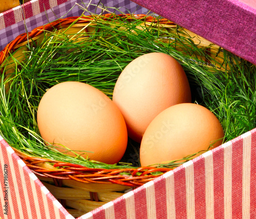 Green nest with eggs in the basket photo