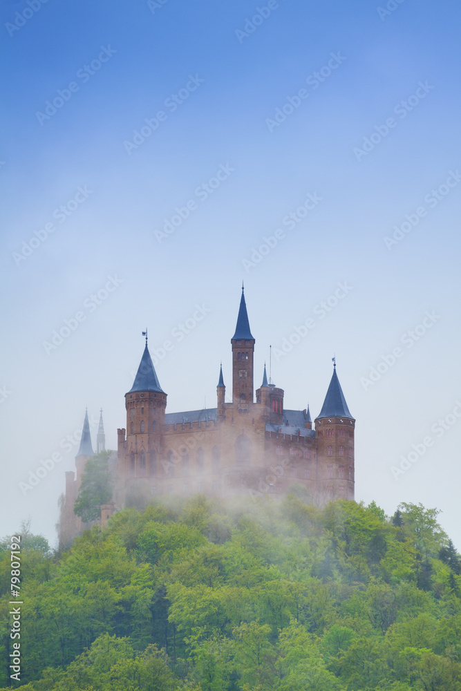 View of Hohenzollern castle in haze during summer