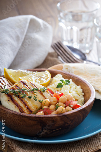 Chickpea salad, cous-cous and grilled cheese photo