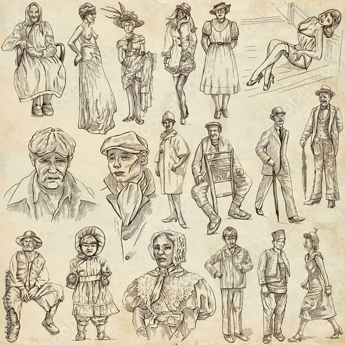 fashion between the years 1870-1970, drawings