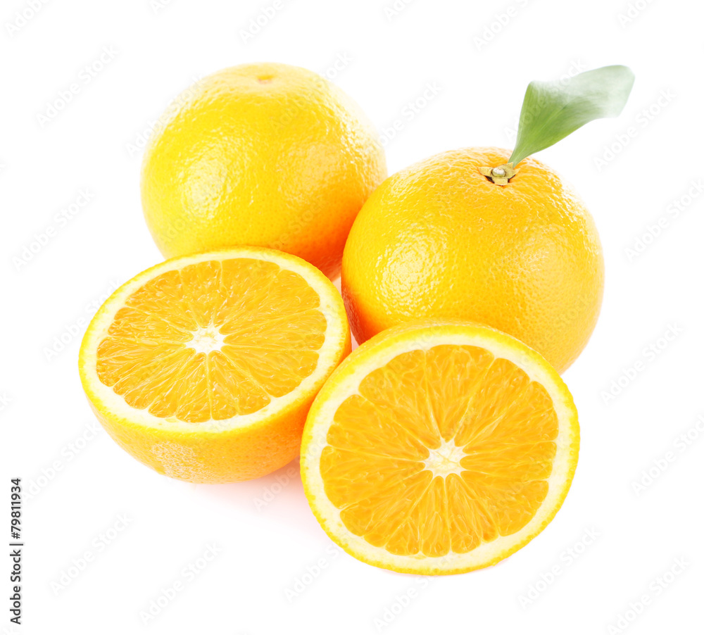 Ripe tangerines and oranges with leaves isolated on white Ripe tangerines and oranges with leaves isolated on white