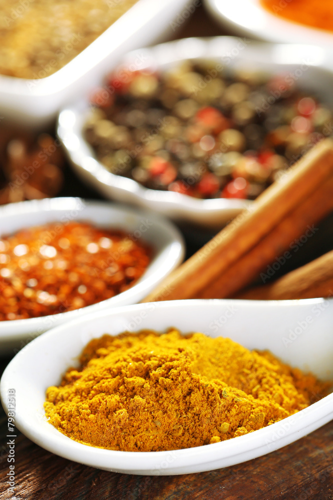 Different kinds of spices in ceramics spoons, close-up, Different kinds of spices in ceramics spoons, close-up,