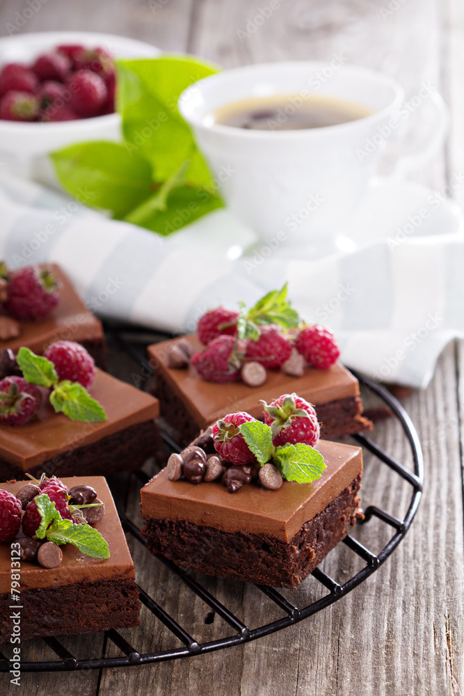 Chocolate mousse brownies with raspberry