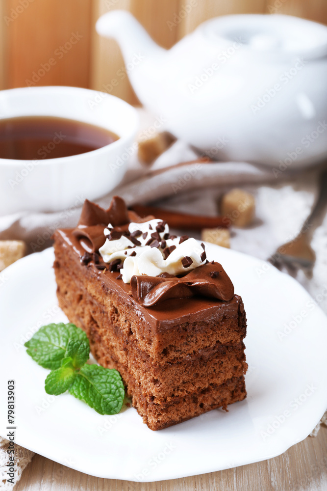 Tasty piece of chocolate cake with mint and cinnamon