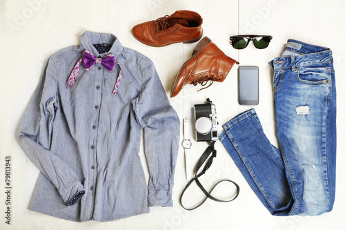 Still life of casual woman. Woman clothes and accessories