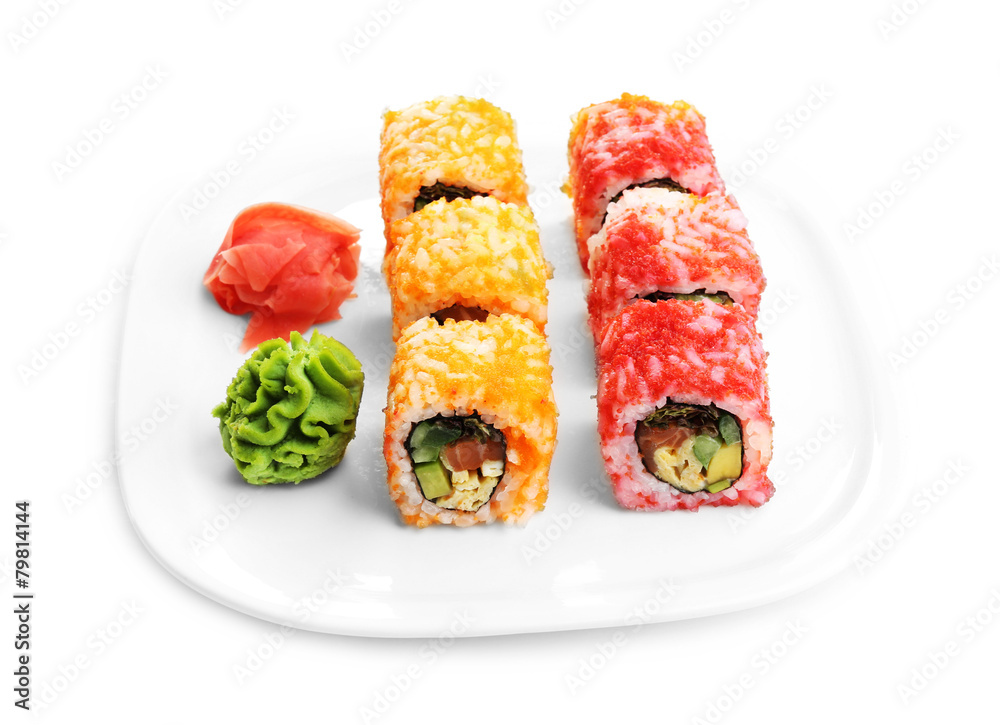 Sushi rolls on plate isolated on white Sushi rolls on plate isolated on white