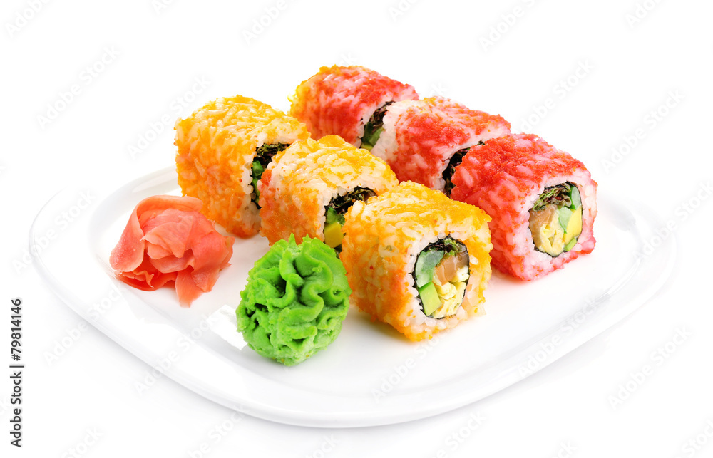 Sushi rolls on plate isolated on white Sushi rolls on plate isolated on white