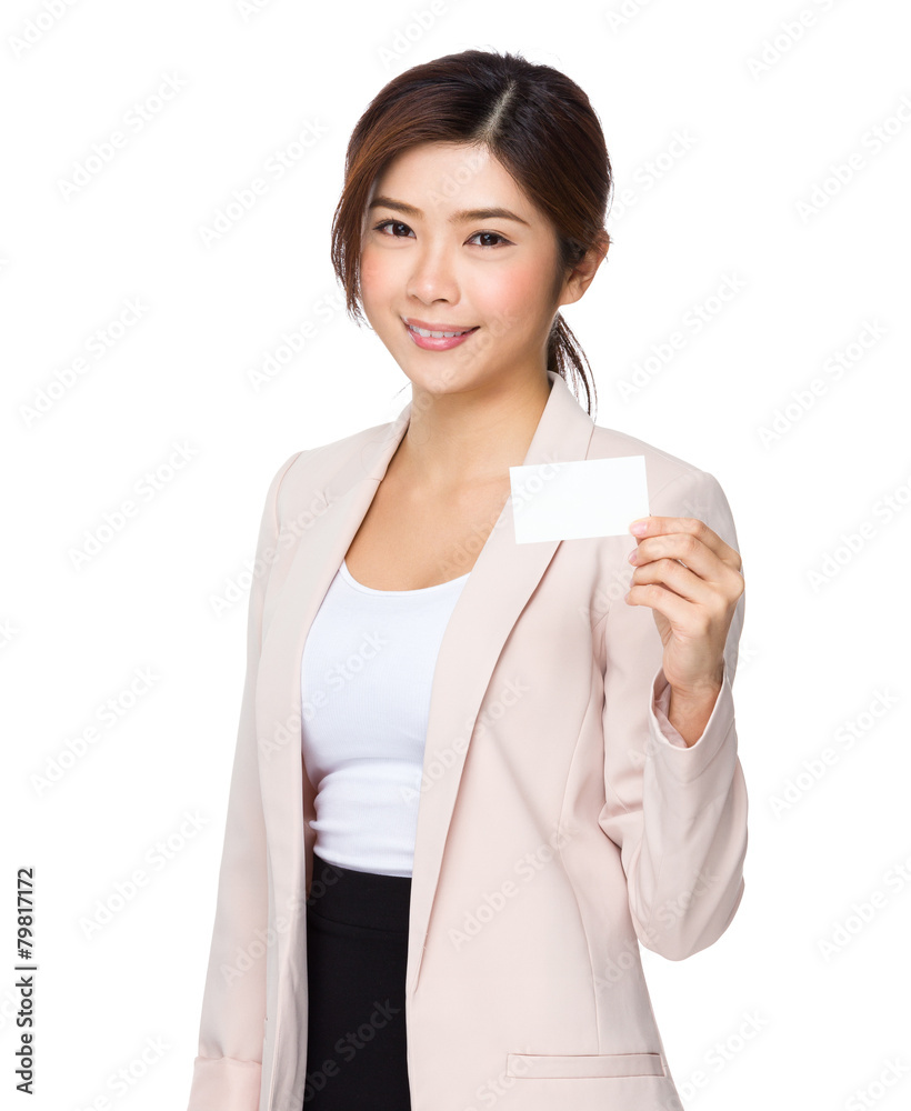 Asian businesswoman holding a blank business card Asian businesswoman holding a blank business card