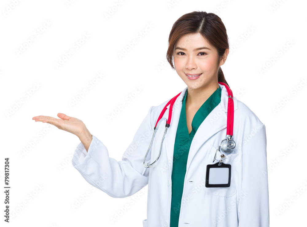 Friendly Asian doctor woman introduce something Friendly Asian doctor woman introduce something