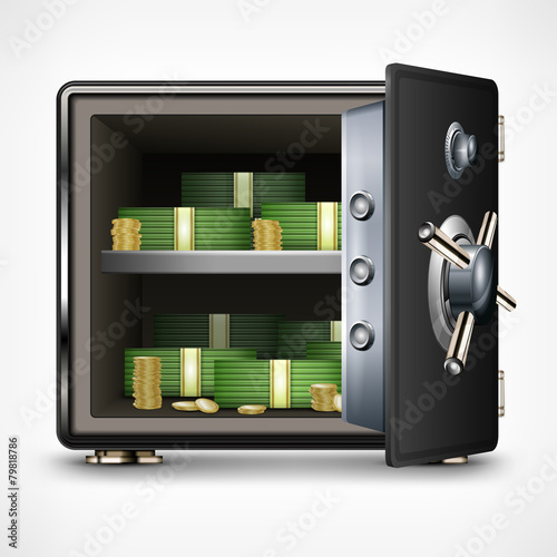Bank open safe with dollars on white, vector illustration